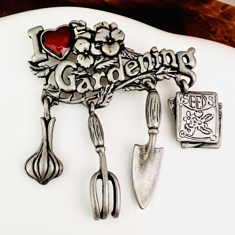 Vintage Danecraft I Love Gardening Pewter Pin Brooch Red Enameled Heart 1198